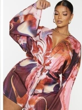 PLT Multi Marble Print Tie-Waist Romper